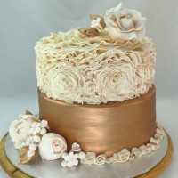 Wedding Cake - Ruffle Roses and Rose Gold Cake 2 Tier